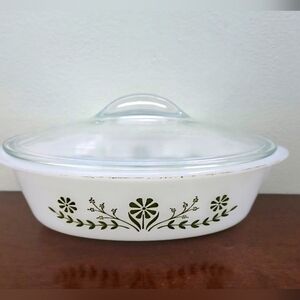 Vintage Glasbake Green Daisy Oval Casserole Dish 1 QT J-2275